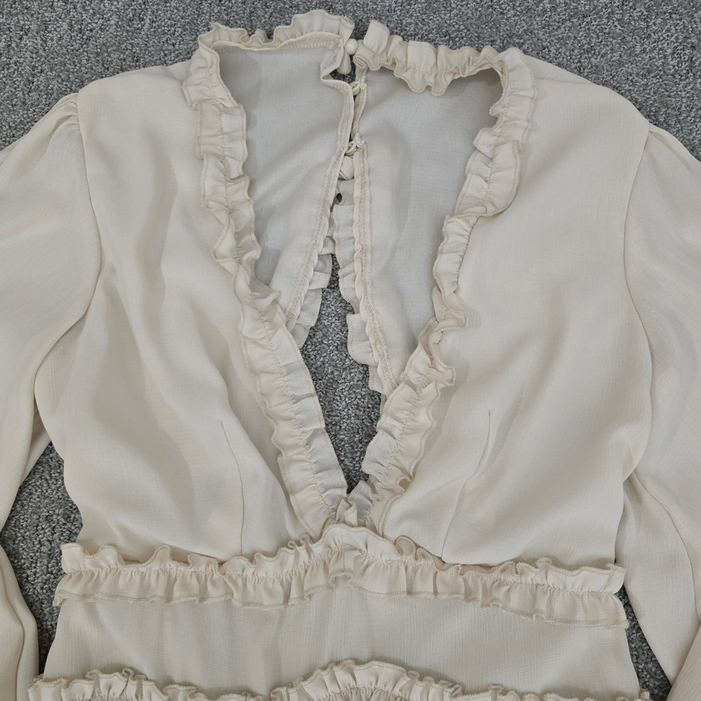 Cream Ruffle Tiered Mini Dress‎ Open Back Coquette Romantic Boho Size M - Picture 2 of 8